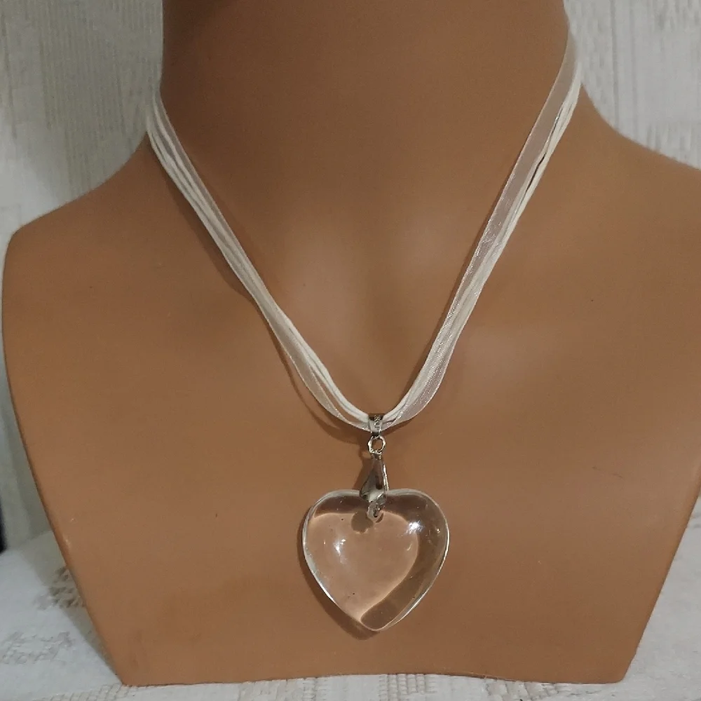 Clear Glass Heart Pendant w Multi Ribbon Silk Cord Necklace